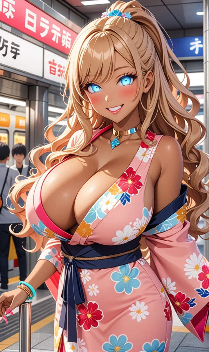 ultra-detailed, ((one girl)), (tan skin:1.4), in pastel colors gyaru, (heavy makeup), (professional lighting) hyper detailed, absurdres, 8k, Beautiful Face, (Laugh shyly), ((teasing smile:1.6)), ((happy smile:1.5)),  ((Wink:1.1)), (Laugh with your mouth wide open),((Tilt your face:1.6)), View your viewers, ((Bright red cheeks:1.6)),Glossy shocking pink lips, ((huge breasts:1.6)),  ((undressing)), noon, summer, In front of Moriguchi Station on the Keihan Line, Anime style background)),masterpiece, Highest quality, (Brighten your face), so beautiful,Latest, Complex details, ((fluorescent pink long nail:1.3)), (ring),(bracelet), (Floral Choker),AI-generated, Complex,High resolution, Highest quality, super high quality,3D Images、3D Images,One person, ((honey blond long hair), (High Ponytail), (wavy hair:1.4), Anime woman posing for a photo, ((Fine grain、blue eyes、glowing eyes:1.4)), (Squint your eyes:1.1),a hyperRealistic , hyperRealistic , Realistic,Anime woman with long honey blonde hair, Smooth anime CG art, A girl in a gorgeous pastel-colored kimono, ((Pastel-colored furisode)),(Pink large floral pattern),  Long flower hair ornament,large gold hoop earrings, Mature Body, tall,Narrow waist, front view, (upper body),  ((Waving to viewers:1.3)),