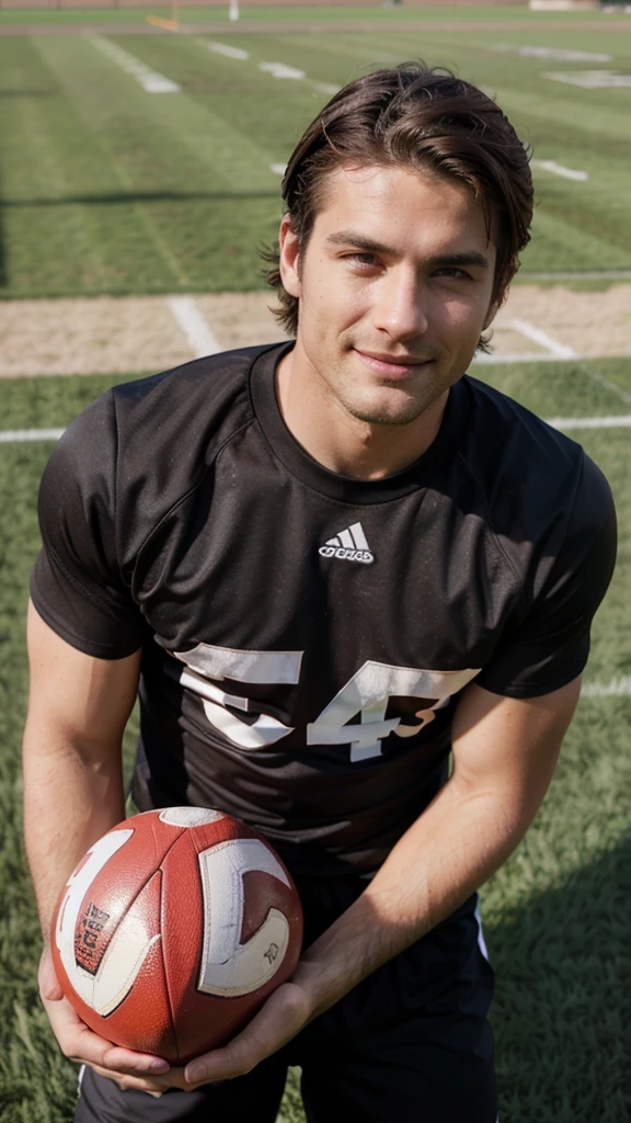 Very handsome man, 29yo, dark brown hair, Wear, Consultation, playing football on the football field, long distance shot, Wearing, smirk, realphoto