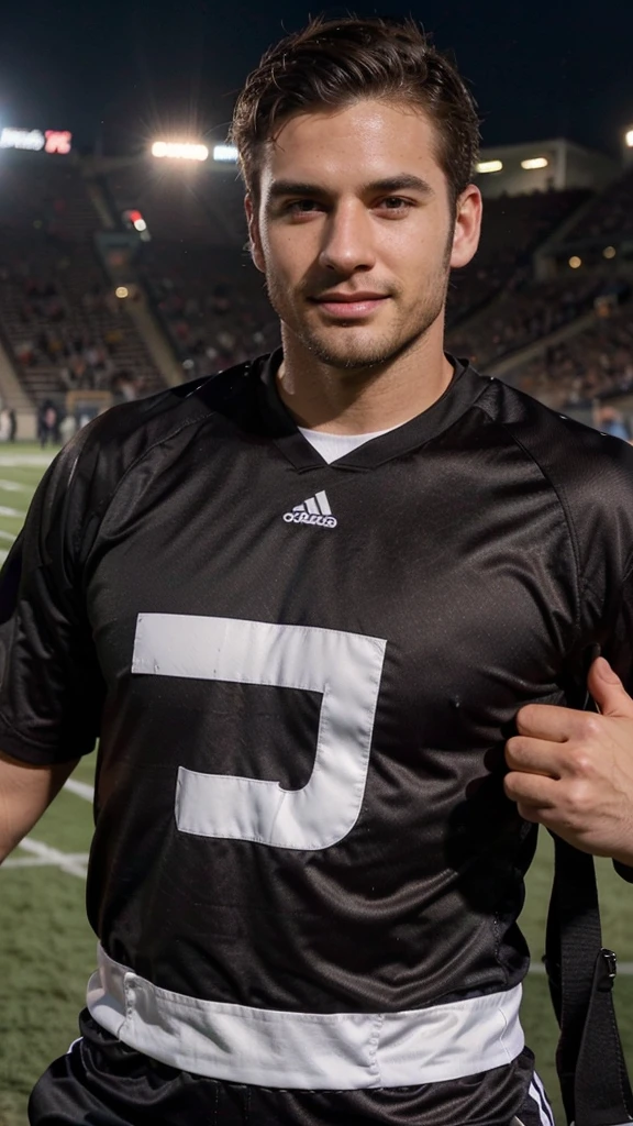 Very handsome man, 29yo, dark brown hair, Wear, Consultation, playing football on the football field, long distance shot, Wearing, smirk, realphoto