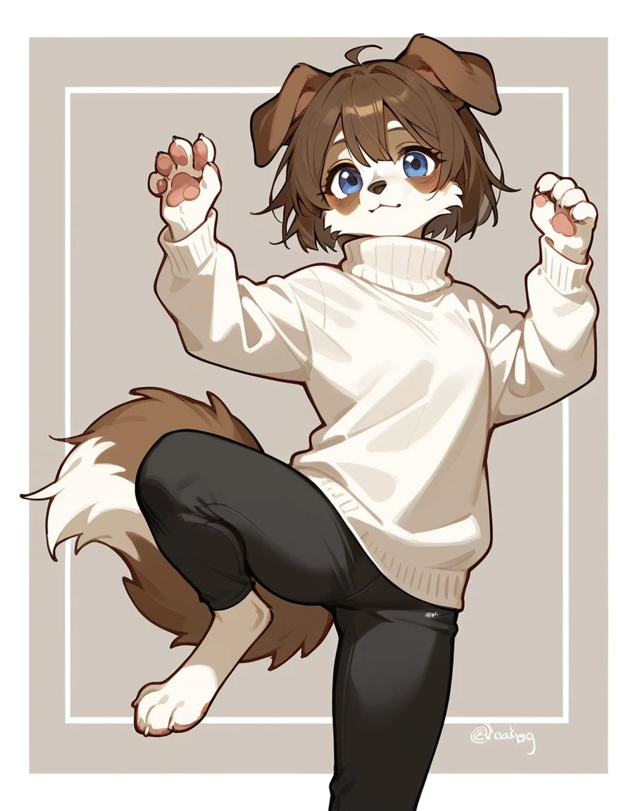 Solo, By fumiko, by hioshiru, female border-collie, black and white fur, bushy dog tail, border-collie markings on face, blue eyes, short brown hair, droopy dog ears, wearing white turtleneck sweater, black yoga pants, barefoot, feet paws, 4 toes, standing, playful pose, (backyard background)