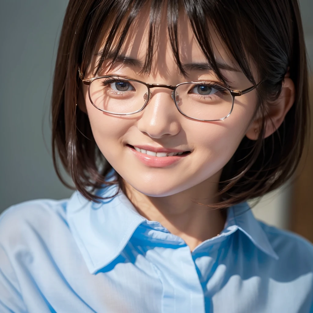 (( huge breasts :1.4 )), (highest quality、8k、High resolution、masterpiece:1.2)、
(realistic,photorealistic:1.37),Portrait、
(Japanese woman:0.5)、woman、30 years old、Height: 155cm、short hair、Glasses、company employee、
(pure aura),(Clean atmosphere)、(Soft atmosphere)、(Friendly atmosphere)、(A kind smile:1.2)、(Gentle and beautiful eyes)、
(Please look at me with kind eyes:1.4)、
(well dressed)、(Light blue shirt:1.0)
