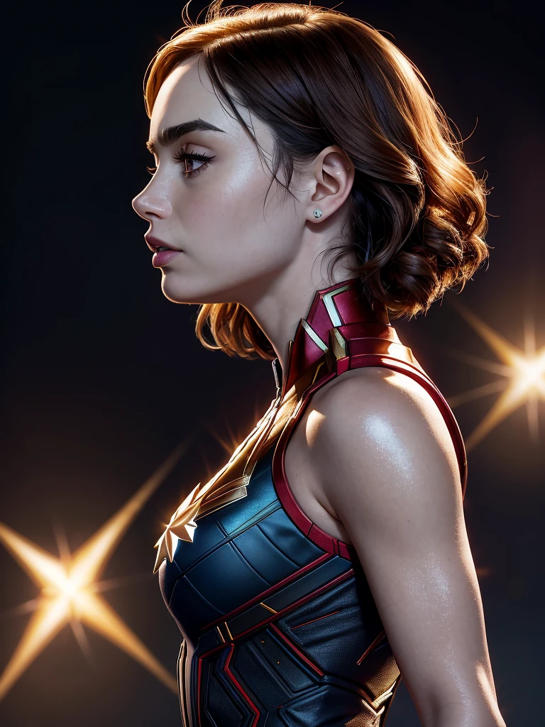 side view ,masterpiece,LILY COLLINS, a woman, CAPTAIN MARVEL, cleavage, high detailed skin texture, 8k, Bright lighting, face lighting, (extremely detailed CG unity 8k wallpaper), trending on ArtStation, trending on CGSociety, High Detail, Sharp focus, dramatic, beautiful background, full shoot, high quality, (beautiful face), (detailed face), beautiful hands
