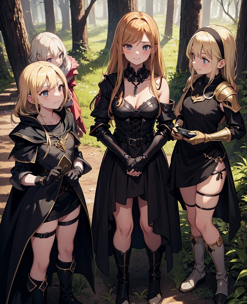 a group of beautiful witch girls in the middle of a forest in the night, tribal tattoo ,multiple girls, five girls, light armor ,elbow pads, knee pads, red and blonde hair , standing girl young girl, gloves, elbow pads, boots, smiles, small breasts, long black dress, necklaces, jewelry decorations , red hair , black hair , blonde hair, blue eyes, full body,