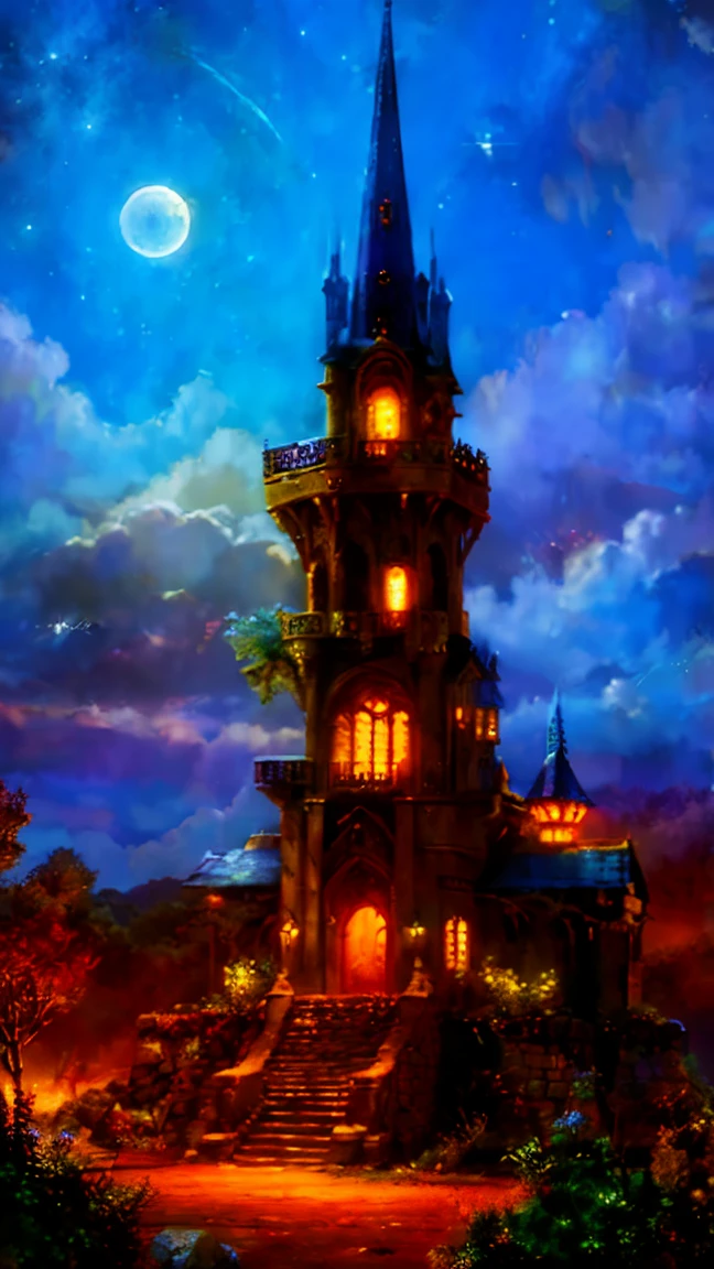 Octane Rendering,Mysterious Castle、霧のWind景、Majestic Tower、Intricate stone carvingysterious glow、Bright colors、Enchanting atmosphere、Wind、Hidden Secrets、Twinkling moonlight、Whimsical Creatures。(Highest quality、High resolution、Very detailed)、ancient architecture、Western architecture, Magical atmosphere、Dreamy atmosphere、Fantasy Setting、Surreal elements、Fairytale atmosphere、Surrealistic lighting、Painterly style。