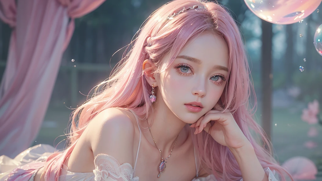 ((masterpiece)). This work is dreamy and fantastical., Soft pink watercolor shades. Generates delicate magical women exploring the bubble gum world in a variety of pastel colors. Her sweet face is extremely detailed and realistic with elegant, Mature features, Puffy, Big lips and stunning, Extremely realistic eyes. Her eyes are important、Be realistic, Very detailed, And it's beautiful. High resolution and detail, Include many details like stars, Milky Way, Colorful bubbles, Colorful petals, And a lot of energy and emotion! Stars and colorful bubblegum bubbles are important! Include fantasy details, Enhanced Details, iris, Colorful sparkling wind, And pollen. Pay special attention to her face、Make sure it's beautiful and realistic in detail。. The image is dreamy、It has to be fantastical..8k, Complex, elegant, Very detailed, Majestic, Digital photography