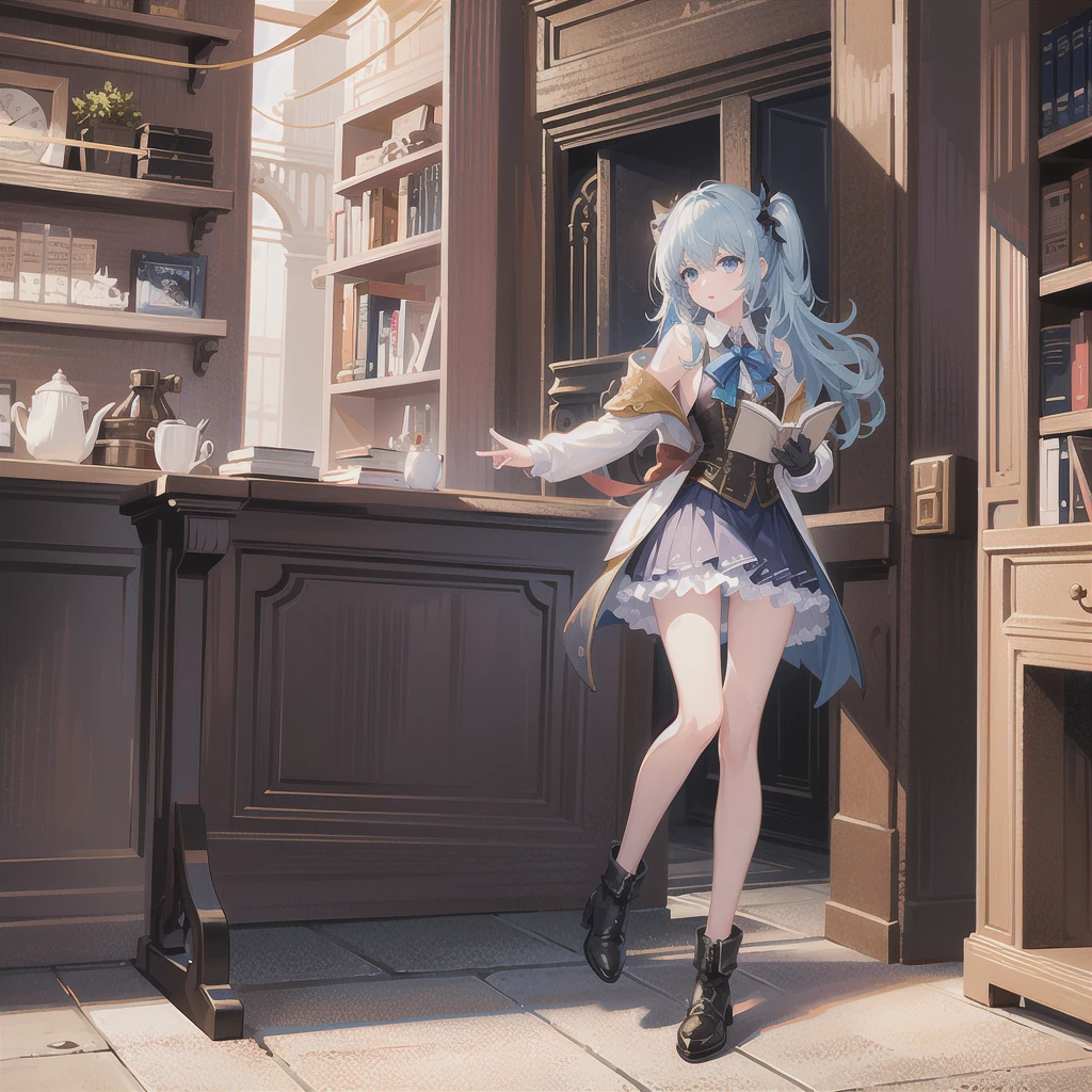 Highest quality, Ultra-high resolution, One girl, cute, Blue Eyes, highlight, Steampunk background, Natural body pose, Professional Photographer, library、Reading a book