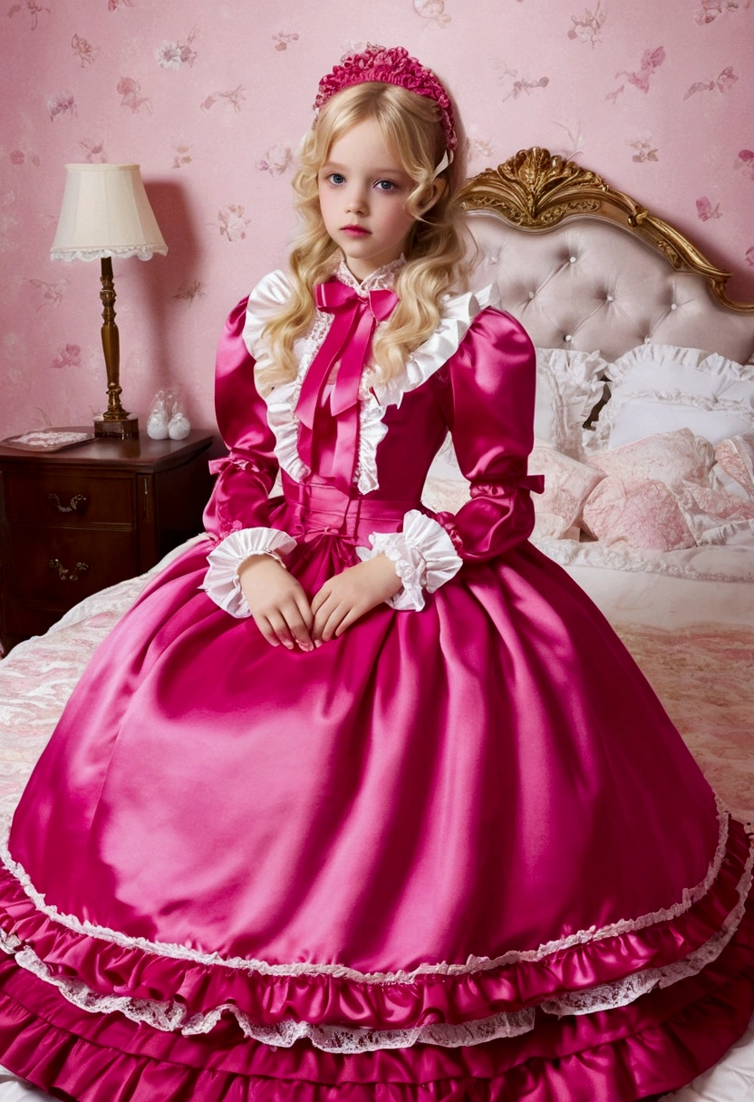 ,highest quality, masterpiece, highest resolution, artwork, super それにget used to it, many get used to it, get used to it, それにget used to it,(( girls)),Super detailed baby face,They&#39princesses,Full length ball gown dress with hoop skirt,ruffled yoke collar,puff sleeves,long sleeve,((Lolita style hot pink detailed princess satin dress、Comes with lots of frills and ribbons。)),roco colorita fashion,shiny satin dress,Soft and smooth fabric,luxury,long blonde hair,blue eyes,white skin european,pajamas,((Inside the luxurious bedroom)),A luxurious giant canopy bed in the back,