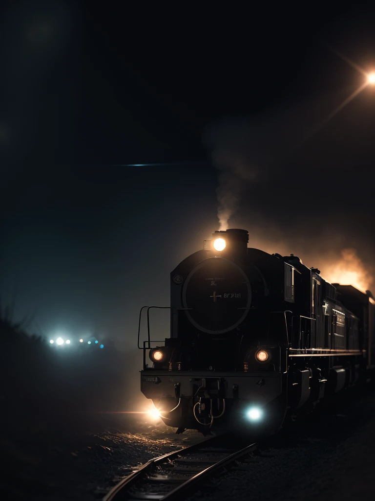 (Sumilux f1.4 24mm , low Latitude old color negative film , cross process , bokeh, flare, chromatic aberration , soft focus, (Shallow focus) , soft glow , Maximum aperture, High Key , Transparent depiction) , A locomotive races through the fog late at night.