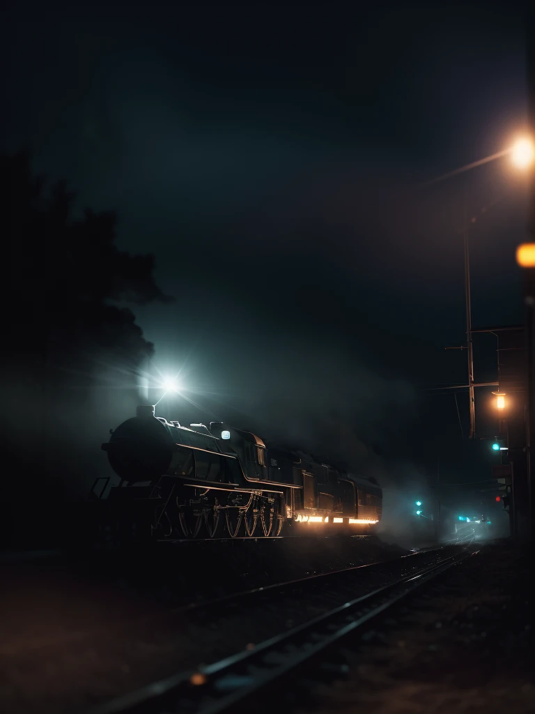 (Sumilux f1.4 24mm , low Latitude old color negative film , cross process , bokeh, flare, chromatic aberration , soft focus, (Shallow focus) , soft glow , Maximum aperture, High Key , Transparent depiction) , A locomotive races through the fog late at night.