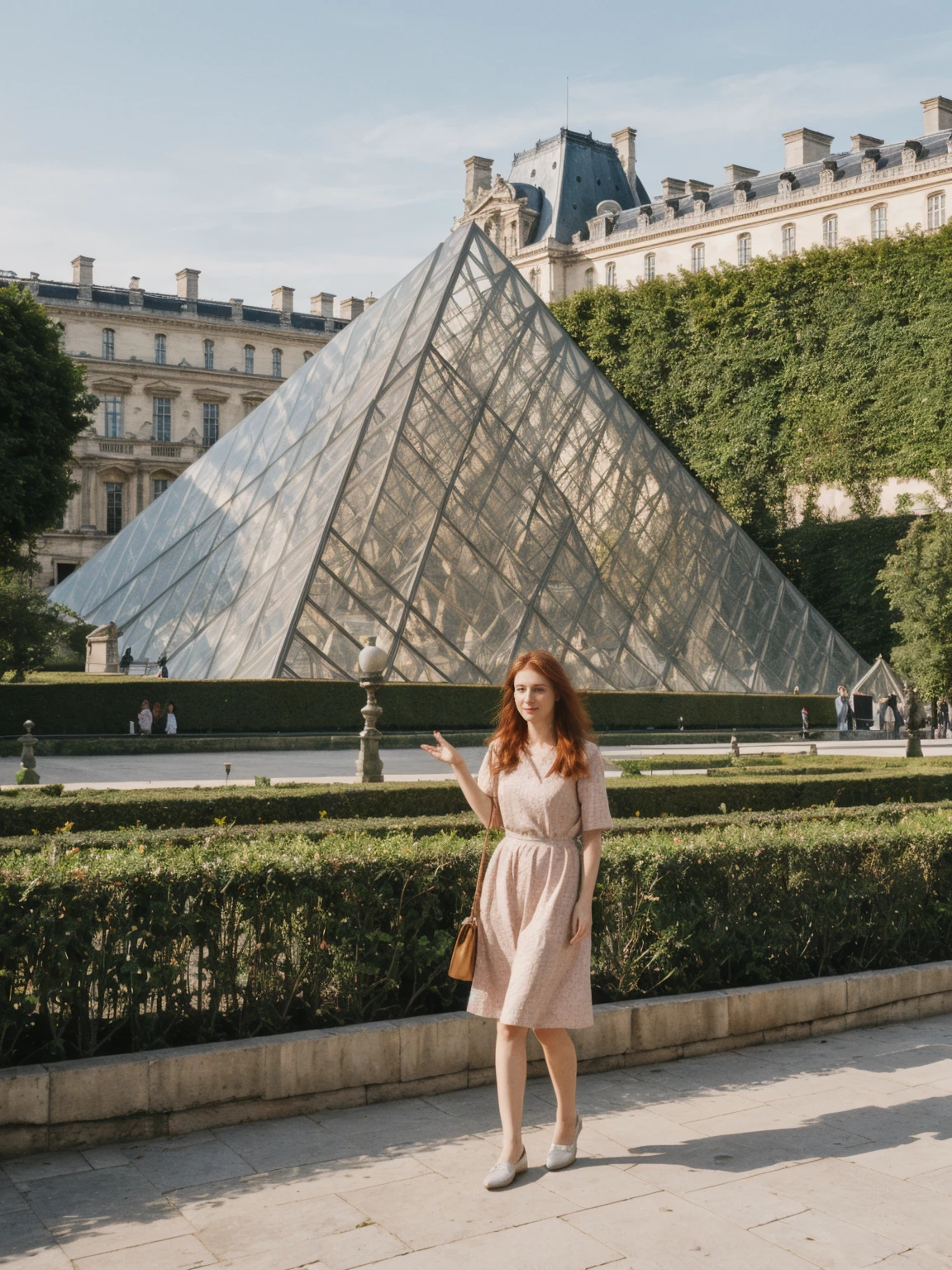 her name is Amelie, high quality, 1girl, ((25-year-old fit Caucasian woman)), ((25 years old)), ((fit)), ((long auburn hair)), ((medium round breasts)) pose: standing, wearing Contemporary Generation-Z modern wear pastel colored, BACKGROUND: Strolling through the Jardin des Tuileries, with its beautifully manicured gardens and views of the Louvre and the Eiffel Tower.