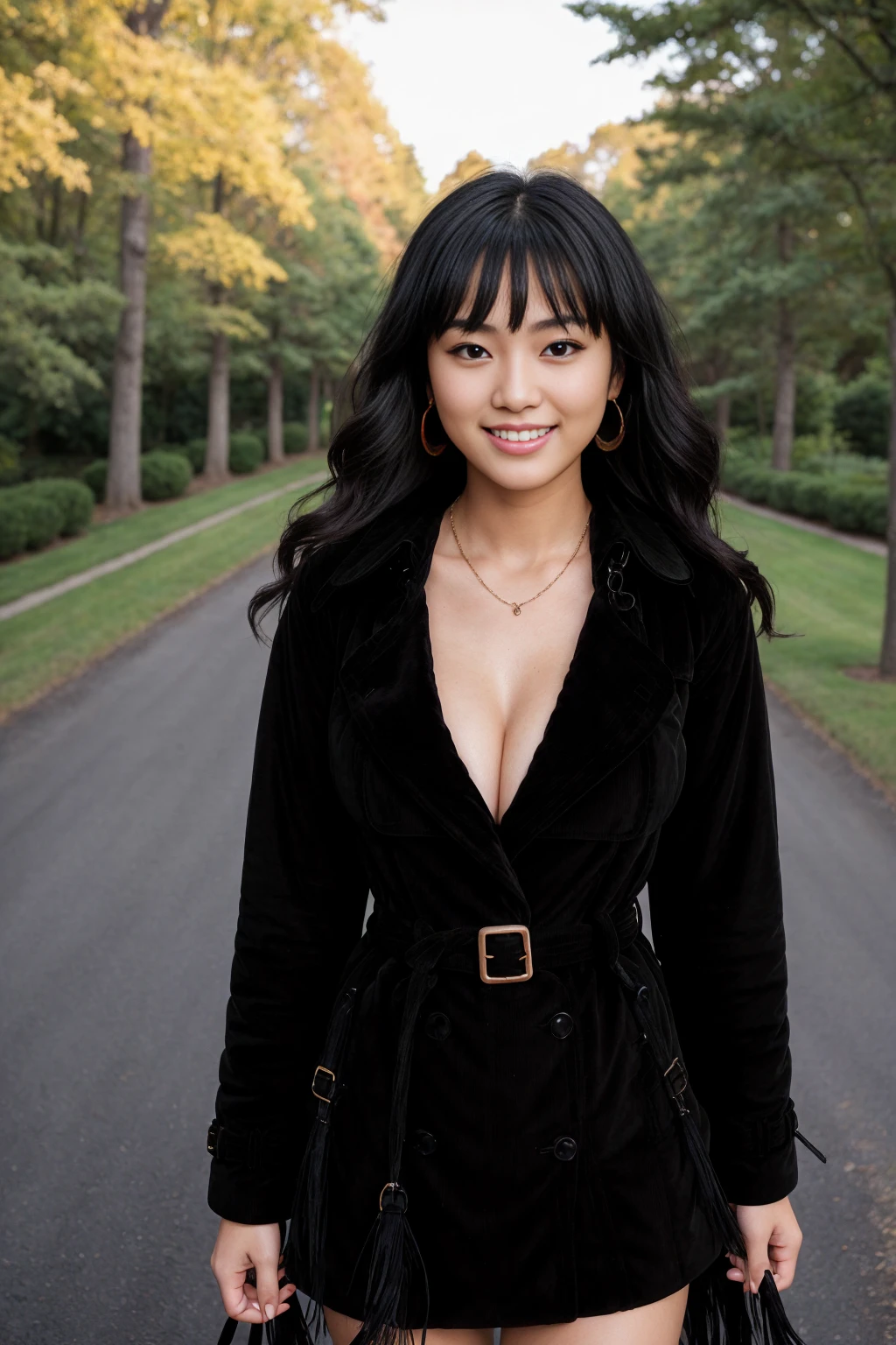 Half-length glamour portrait, nikon D850, f1.6 lens, 200mm, DSLR, 22 Megapixels, (((Tree-lined driveway leading to a private residence scene))), shot of a stunning 19 years old korean girl, (smile:1.4), (wearing Trench coat with black corduroy dress:1.6), ((seductive pose)), hot girl, (((big natural breasts))), (((black fringe hair))), (small girl), symmetrical face, photorealistic, photography, (bright natural lighting), gorgeous, deep cleavage, (masterpiece), best quality, high resolution, extremely detailed, cinematic lighting, (((very narrow waist))), rich colors, hyper realistic, lifelike texture, ((jewelry)), (((She has beautiful hands and wears rings))), (bracelet), (necklace), (ankle chain), (nail polish) (earrings), Fuji Superia 200, 8k
