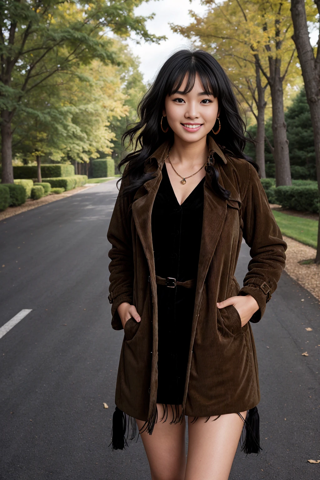 Half-length glamour portrait, nikon D850, f1.6 lens, 200mm, DSLR, 22 Megapixels, (((Tree-lined driveway leading to a private residence scene))), shot of a stunning 19 years old korean girl, (smile:1.4), (wearing Trench coat with black corduroy dress:1.6), ((seductive pose)), hot girl, (((big natural breasts))), (((black fringe hair))), (small girl), symmetrical face, photorealistic, photography, (bright natural lighting), gorgeous, deep cleavage, (masterpiece), best quality, high resolution, extremely detailed, cinematic lighting, (((very narrow waist))), rich colors, hyper realistic, lifelike texture, ((jewelry)), (((She has beautiful hands and wears rings))), (bracelet), (necklace), (ankle chain), (nail polish) (earrings), Fuji Superia 200, 8k
