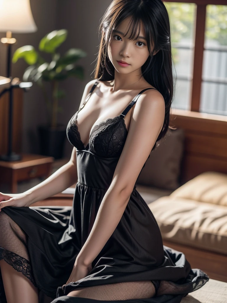 Panties, (bra:1.1),(Highly detailed CG 8k wallpaper, masterpiece, Highest quality, Super detailed), (Better lighting, Better Shadows, Very delicate and beautiful), Beautiful woman, Very sexy body, Detailed small breasts, Look straight into the camera, With a sexy look, (Black evening dress:1.3),living room