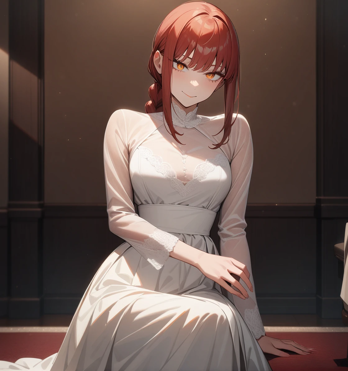 1girl, makima, chainsaw man, red hair, (smirk:0.7), beautiful dress, long dress, lace, front, (masterpiece, best quality, very aesthetic, absurdres)