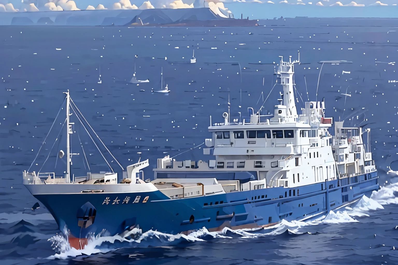 (masterpiece, Highest quality:1.2), 1 outlying island route ship, alone, The entire ship is photographed with Aogashima Island in the Izu Islands in the background.、