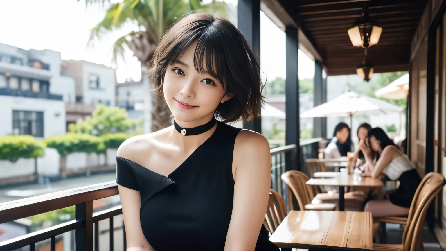 Highest quality, masterpiece, Ultra-high resolution, Realistic, 1 girl, Off the shoulder, knit, smile, smile, Slightly visible, Extra Large_sweater, Soft lighting, Detailed skin, bangs, Black Hair, Clear Eyes, Short Bob Hair, Transparency, Inside the cafe, Japanese, Beautiful woman, Upward glance, Lip gloss, Black Thick Choker, tears, Mole on chest, Eye highlights, super high quality, Fashion Model, Slenderのネックレス, Slender, The staff is working at the counter in the back., (8k、RAW Photos、Highest quality、masterpiece:1.2), Stylish café, Fashion magazine photoshoot, (Realistic、Photorealistic:1.37), Beautiful Face , Mesh Hair, Urban Cafe, Golden Ratio, Raw photo, Small breasts, 明るいInside the cafe, Blurred Background, Famous actress, Summer clothes, Beauty, Cafe Terrace, Open Cafe, Inside the cafeで撮影, 20-year-old, Hair blowing in the wind, Neat clothes, Very Short Hair, Cool older sister, Stylish clothes,