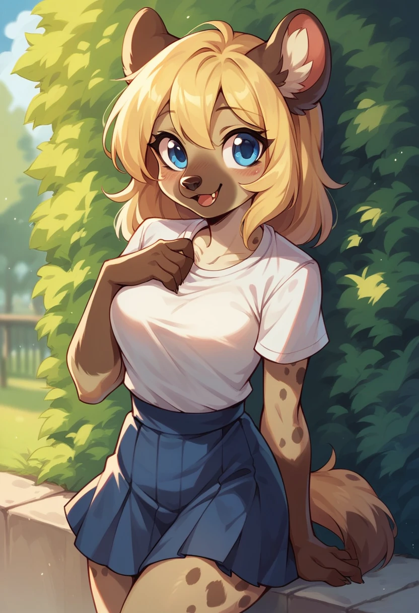 Solo, cute female anthropomorphic hyena, wearing sexy skirt, and shirt, blue eyes, extremely cute, blonde hair, at the park