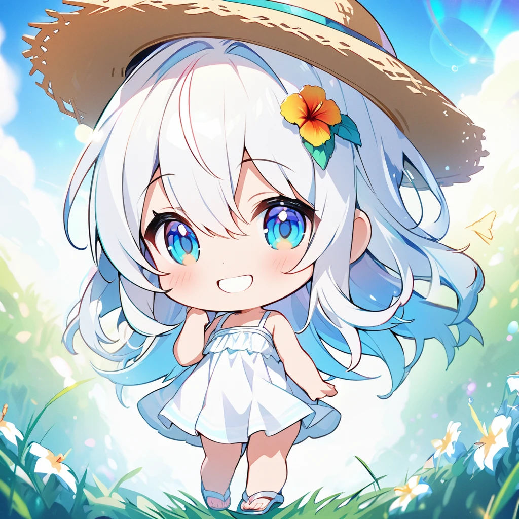 masterpiece, best quality, 4k、2D illustration, one beautiful girl, solo、(((chibi style)))、((vivid colors))、cute chibi, lovely chibi、((colorful))、((long beautiful hair)), glossy white hair, hair between eyes, cute, beautifully detailed eyes、((white summer dress))、((straw hat))、hibiscus hair ornament, flip-flops, ((happy smile))、((full body shot))、((summer grasslands))、((gentle breeze))、((blue sky))、sunbeam, white light, ((lens flare)), ((high color saturation)),