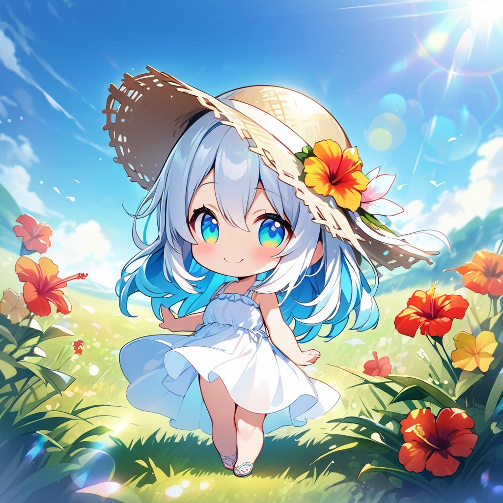 masterpiece, best quality, 4k、2D illustration, one beautiful girl, solo、(((chibi style)))、((vivid colors))、cute chibi, lovely chibi、((colorful))、((long beautiful hair)), glossy white hair, hair between eyes, cute, beautifully detailed eyes、((white summer dress))、((straw hat))、hibiscus hair ornament, flip-flops, ((happy smile))、((full body shot))、((summer grasslands))、((gentle breeze))、((blue sky))、sunbeam, white light, ((lens flare)), ((high color saturation)), 