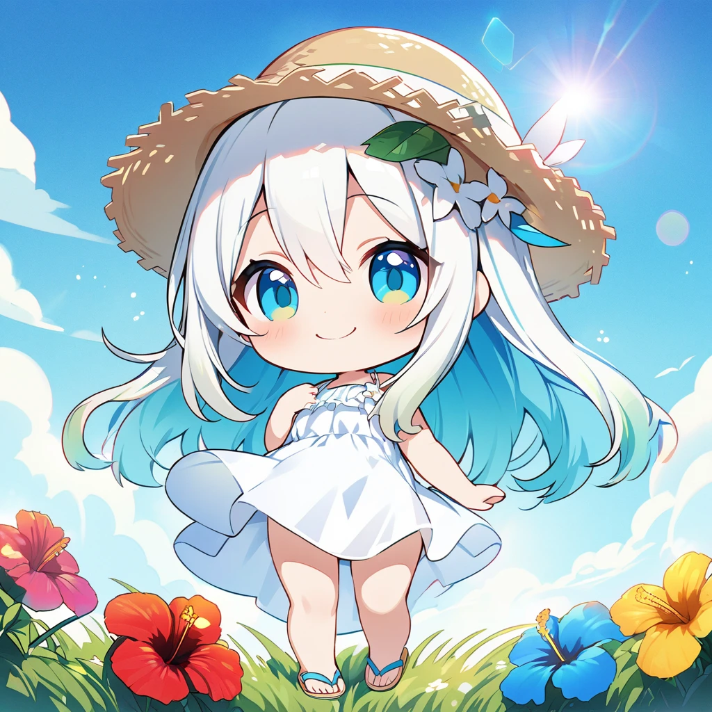 masterpiece, best quality, 4k、2D illustration, one beautiful girl, solo、(((chibi style)))、((vivid colors))、cute chibi, lovely chibi、((colorful))、((long beautiful hair)), glossy white hair, hair between eyes, cute, beautifully detailed eyes、((white summer dress))、((straw hat))、hibiscus hair ornament, flip-flops, ((happy smile))、((full body shot))、((summer grasslands))、((gentle breeze))、((blue sky))、sunbeam, white light, ((lens flare)), ((high color saturation)),