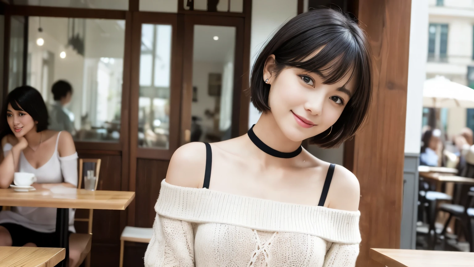 Highest quality, masterpiece, Ultra-high resolution, Realistic, 1 girl, Off the shoulder, knit, smile, smile, Slightly visible, Extra Large_sweater, Soft lighting, Detailed skin, bangs, Black Hair, Clear Eyes, Short Bob Hair, Transparency, Inside the cafe, Japanese, Beautiful woman, Upward glance, Lip gloss, Black Thick Choker, tears, Mole on chest, Eye highlights, super high quality, Fashion Model, Slenderのネックレス, Slender, The staff is working at the counter in the back., (8k、RAW Photos、Highest quality、masterpiece:1.2), Stylish café, Fashion magazine photoshoot, (Realistic、Photorealistic:1.37), Beautiful Face , Mesh Hair, Urban Cafe, Golden Ratio, Raw photo, Small breasts, 明るいInside the cafe, Blurred Background, Famous actress, Summer clothes, Beauty, Cafe Terrace, Open Cafe, Inside the cafeで撮影, 20-year-old, Hair blowing in the wind, Neat clothes, Very Short Hair, Cool older sister, Stylish clothes,