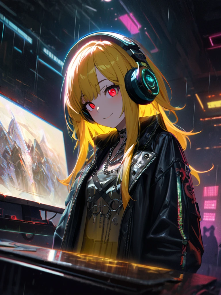 1 girl, chromatic aberration, Written boundary depth, Soft Light, masterpiece, Highest quality, complicated, Tone Mapping, Very detailed, Art Station, Concept Art, Smooth, Clear focus, Dramatic lighting, Very detailed artwork, movie, super practical painting, Art Station's trending, 8k, Incredible Shadows, practical, (Very detailed background:1.0), whole body, View, Viewers, Very detailed portrait of one girl 1, standing on street corner, Heavy rain and lightning、Dark Sky, neon and cyber punk background, she is dressed in punk clothing with silver chains and silver spikes, Her hair was dyed a bright golden color.，The middle part is black, She wears headphones, Detailed red eyes with clear pupils, Ominous aura of light, smile, punk, ciber punk, Backlight.There is an atmosphere、No knowledge of horses&#39;tail、
