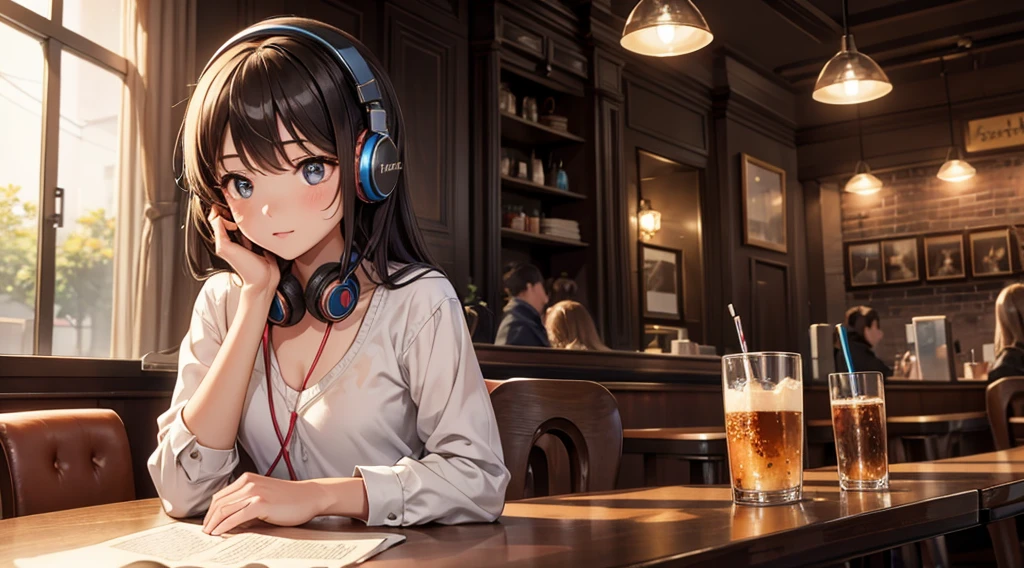 Girl with headphones enjoying music in a cafe　I am studying　Emphasize a little bit of the chest