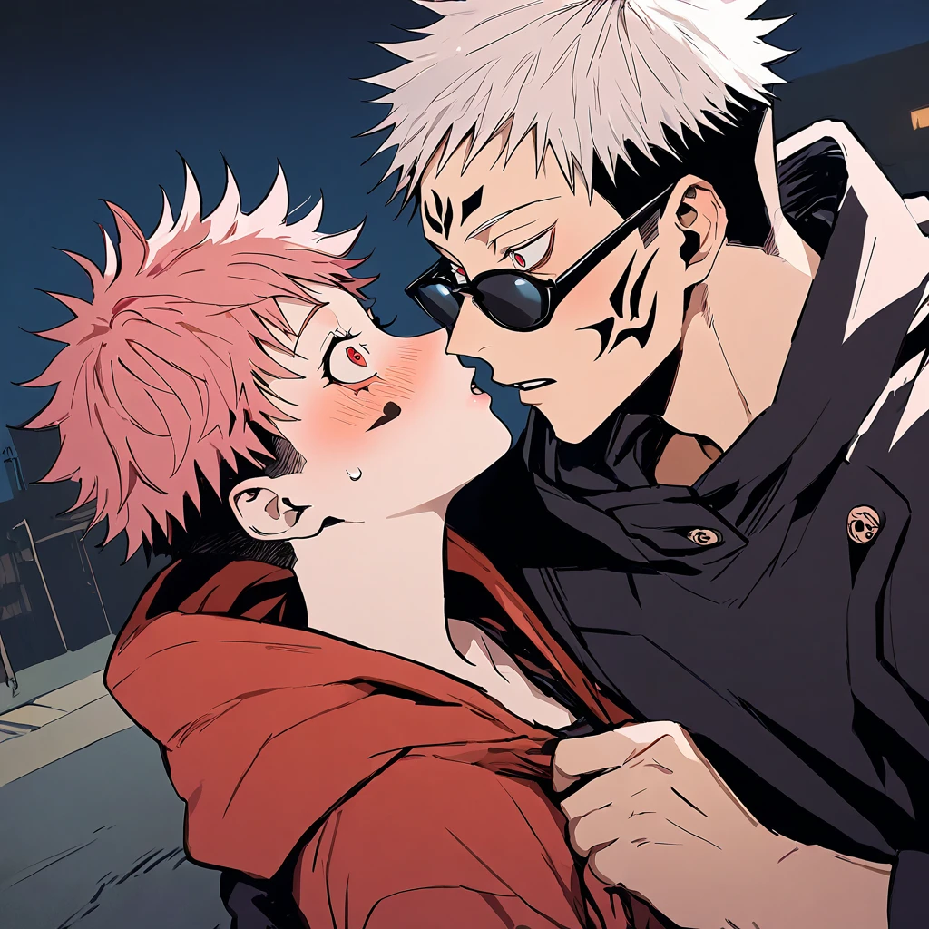 (1boy, White hair, undercut, hetero,  blue eyes, wearing sunglasses), (1girl, pink_hair, blush, red_eyes, tattoo), long_hair, itadori_yuuji, spiked_hair, hood, short_hair, ryoumen_sukuna_(jujutsu_kaisen), night, facial_tattoo, hoodie, upper_body, jacket, extra_eyes, hood_down, black_jacket, imminent_kiss, kiss, looking_at_another, facial_mark, freckles, sweatdrop, bangs, multicolored_hair, blue_eyes, clothes_grab, surprised