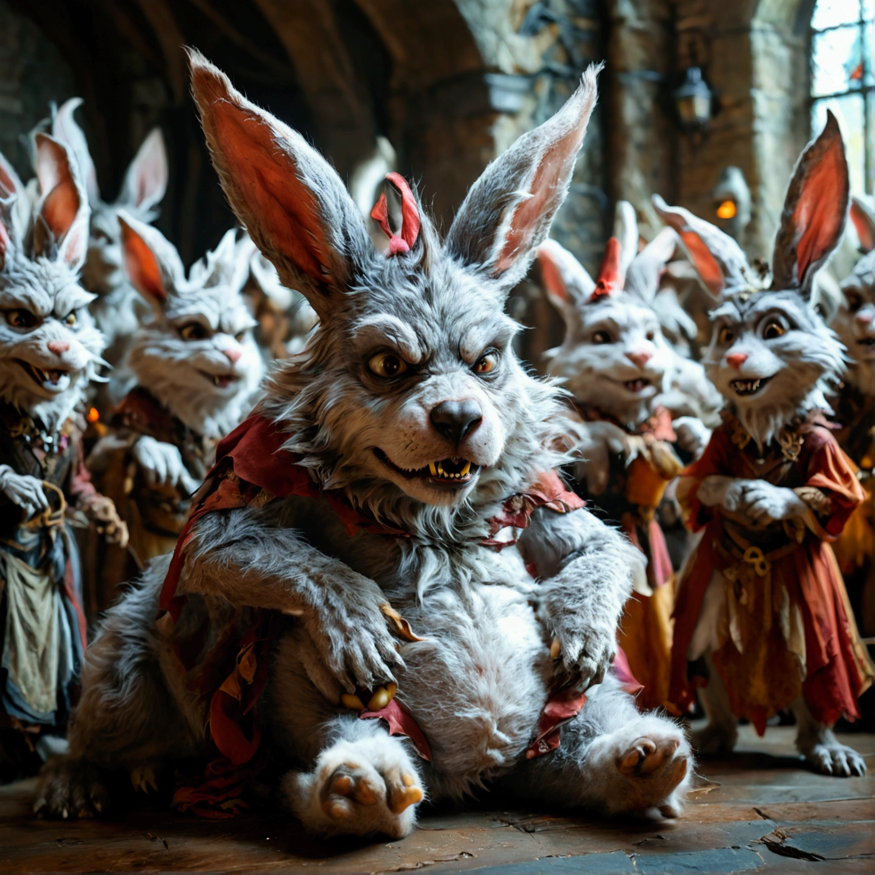 (((1 male werewolf))). Crowd of anthropomorphic female rabbits dressed as scary witches. Many female anthropomorphic rabbits are tickling a lone male anthropomorphic werewolf's belly. The werewolf is lying flat on his back spread eagle. They dance next to the large and bloated belly of a shocked werewolf who is restrained to the ground. photo realistic style. dark medieval dungeon. The anthropomorphic rabbits try to grab the werewolf's large penis and balls. Visible male genitals on the werewolf. side view. Full body shot of werewolf. Werewolf soft big belly focus. Correct anatomy. NSFW. Only the werewolf is nude.