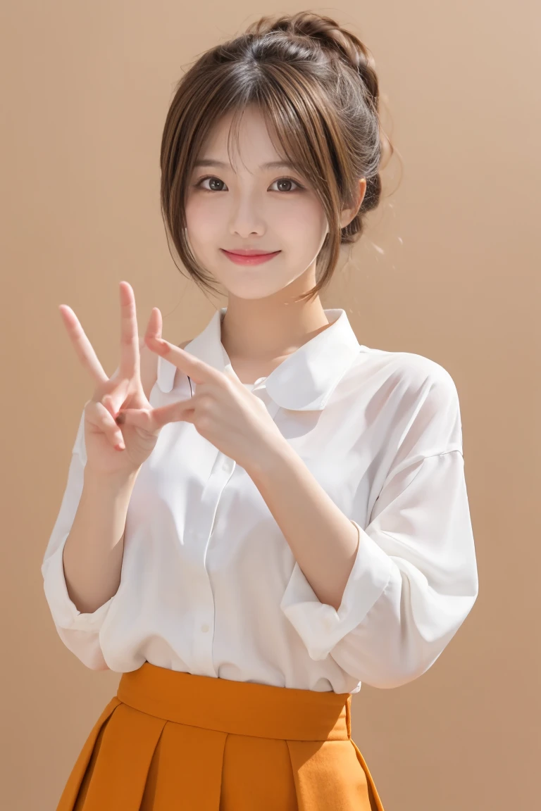 A cute anime-style girl is standing and making peace signs with both hands. She has short brown hair and large brown eyes, and is wearing a white blouse paired with an orange skirt. The background is simple, emphasizing her bright and cheerful expression