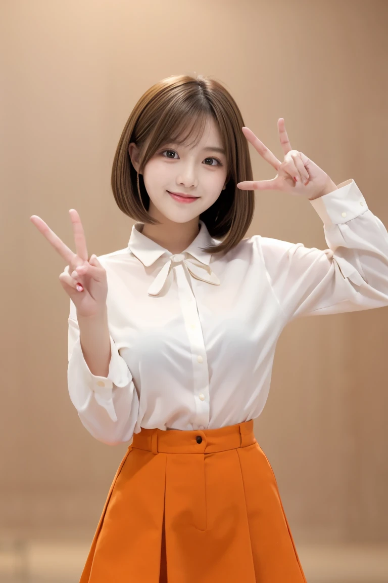 A cute anime-style girl is standing and making peace signs with both hands. She has short brown hair and large brown eyes, and is wearing a white blouse paired with an orange skirt. The background is simple, emphasizing her bright and cheerful expression