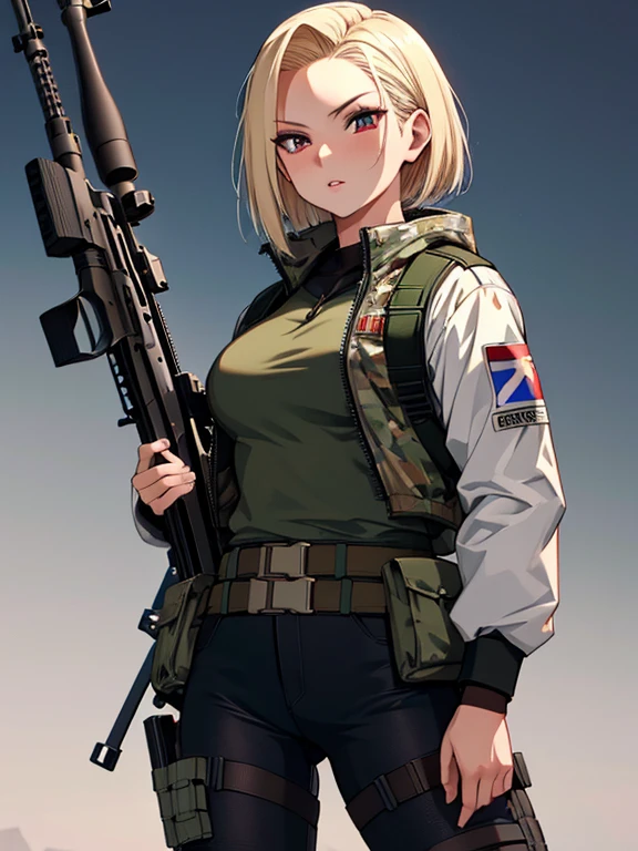 rifle, Sniper, Sniper手, android１８Number, (masterpiece), highest quality, 1girl, uhd, retina, masterpiece, ccurate, anatomically correct, textured skin, super detail, high details, high quality, best quality, highres, 4K