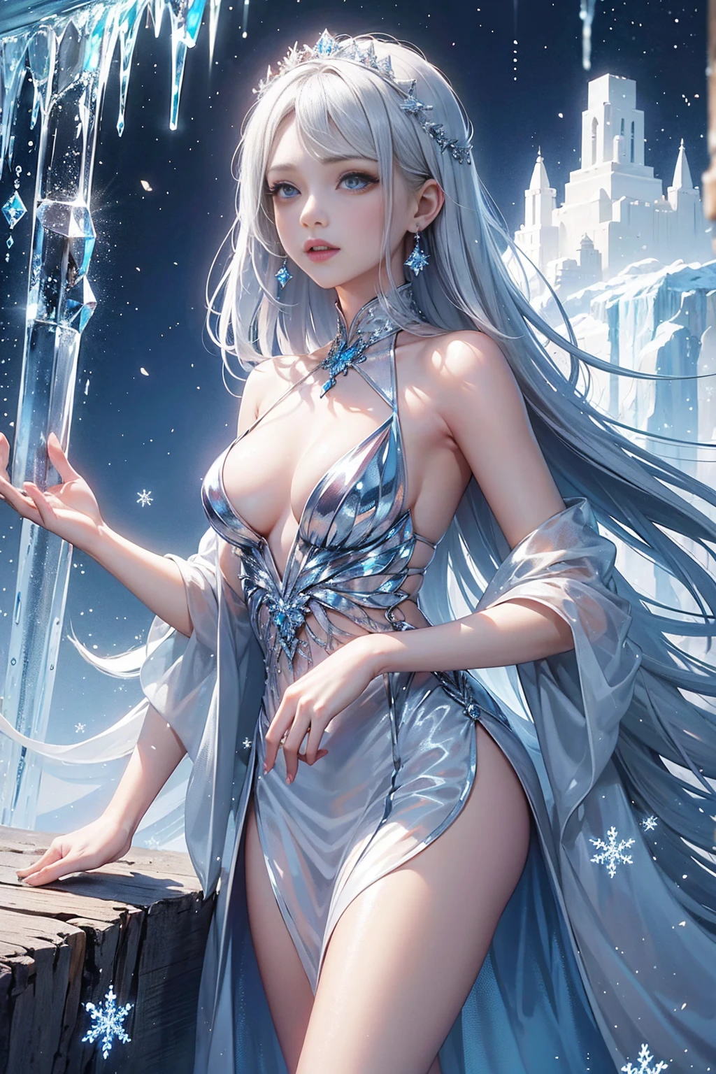 wood, Exquisite mini ice spikes and crystals, A frozen waterfall in the background, Light reflected by ice crystals, Flowing snowflakes、pretty girl,Small and beautiful breasts,Beautiful cleavage、Crystal Dress
