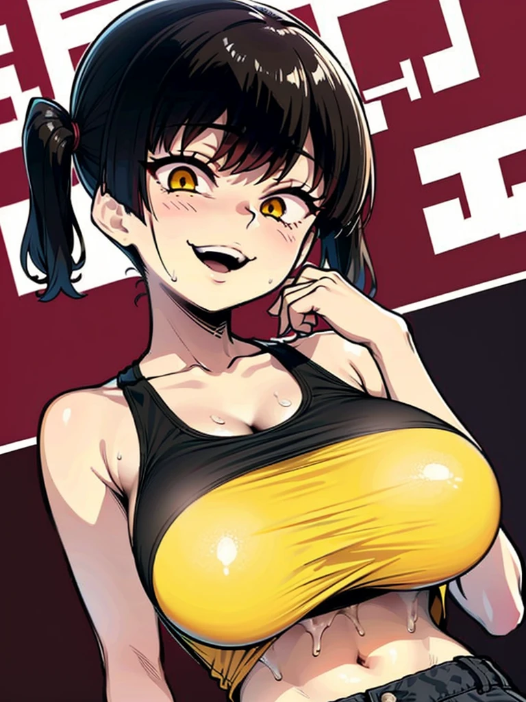 Sasaki Kanna plays gesugao, Yellow Tank Top, underboob, Sweat, Black hair twin tails, Guess face, smile, crazy Smile, 勝ち誇ったsmile, Pushing her big breasts together, Her body is like that of a slender elementary school student, but her breasts are large.,