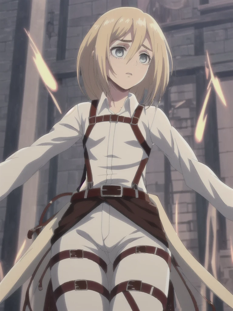 software, (Hair loss:1.4), upright, From below, Zoom out, whole body, Long legs, history_lease, Long Hair, history, Crysta Lens, ((small chest)), , Blonde, blue eyes, Hair between the eyes, Official Art, Jacket, brown Jacket, Symbolism, belt, Thigh straps, pants, white pants, boots, shirt, white shirt, collared shirt, Shine目, Perfect Eyes, Glowing Eyes, Tight waist, Wide Hips, Dynamic Angle, Dynamic pose, 笑face, have confidence, Conceit, Focus on your audience, Pink Lips, Long eyelashes, Cowboy Shot, chestの谷間, Lips parted, (masterpiece, Highest quality, Shine光, Shine, Shine肌, Super detailed, Detailed Background, Complex background), (perfect face, detailed face, Detailed eyes, Perfect hands, Perfect Fingers), beautiful指, beautiful体, beautifulキャラクターデザイン, perfect face, Perfect balance, extremely detailed CG unity 8k壁紙, Perfect lighting, colorful, bright_front_face_Lighting, (masterpiece:1.0),(Highest_quality:1.0), Ultra-high resolution, Very detailed, photograph, 8k, Absurd:1.2, 400 for Kodak Port, Blurred Background, Bokeh, Lens flare, プロのphotograph, (Vibrant_color:1.2),(beautiful_face:1.2), 2D, anime, In the medieval town, chest, Harness, alone, One girl, Slim figure, Soft Skin, color白, (Tight clothing)