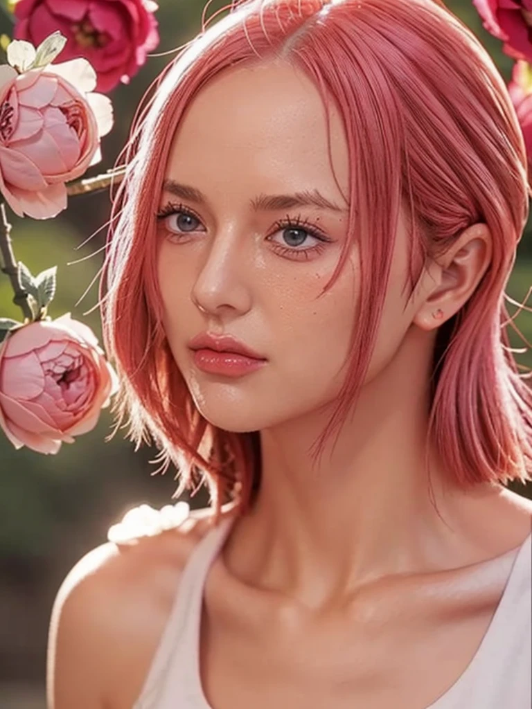 young woman, short shoulder-length pink hair, wide forehead, porcelain skin, pink eyebrows, big emerald green eyes, buttoned nose, full lips, heart-shaped face, slender body, small breasts, red tank top, Sakura Haruno , realistic, realism, details, 3d, well detailed
