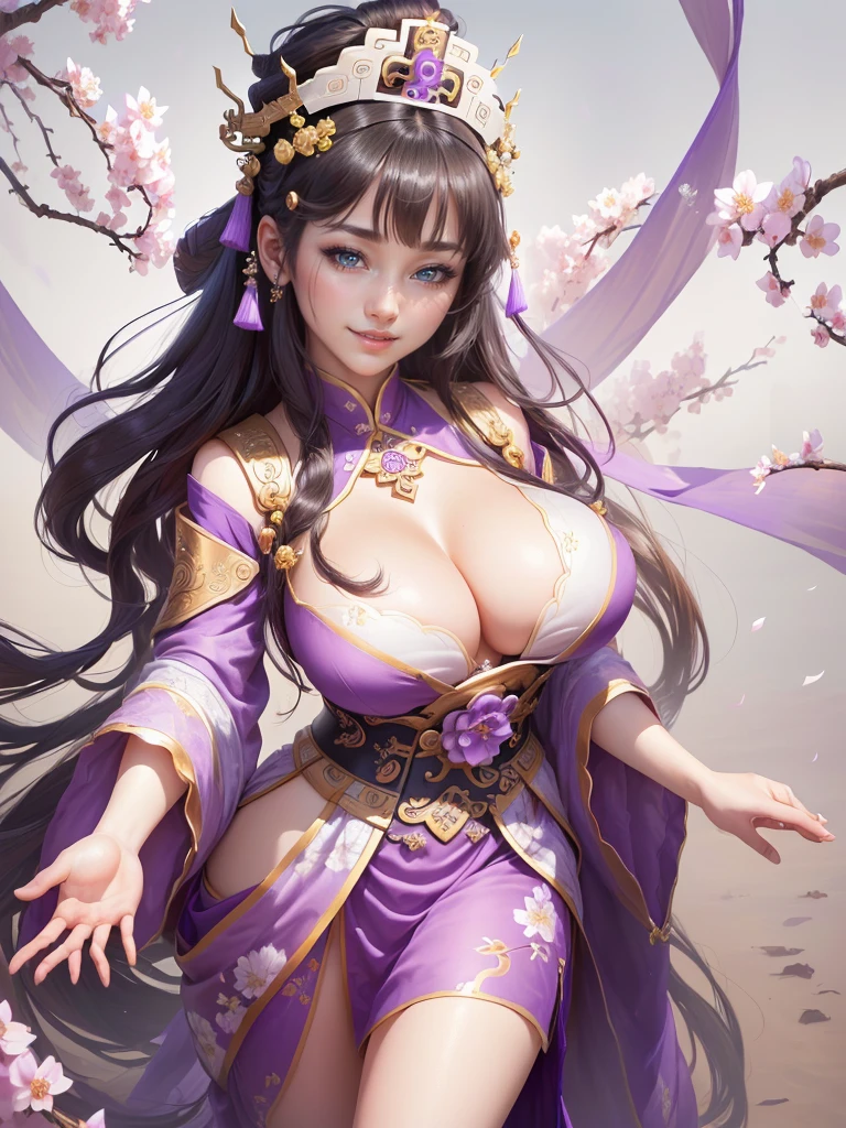a woman in a purple honfu with flowers on her head, inspired by Ju Lian, inspired by Li Mei-shu, yun ling, inspired by Lan Ying, inspired by Wu Zuoren, inspired by Wu Bin, inspired by Pu Hua, ((a beautiful fantasy empress)), inspired by Qiu Ying, inspired by Wu Li, , Highly detailed CG unit 8k wallpaper, masterpiece, High resolution, highest quality, highest quality real texture skin, Super Real, Digital Painting, Best image quality, 最High resolution, 8k, ((Highly detailed eyes and face, Beautiful eyes every detail)), 1girl, Full Body Shot, Saggy breasts, Gravity-dependent breasts, long chest, Heavy chest, disproportionate breasts, huge breasts, sagging breasts, gigantic breasts, smile, happy, fun,