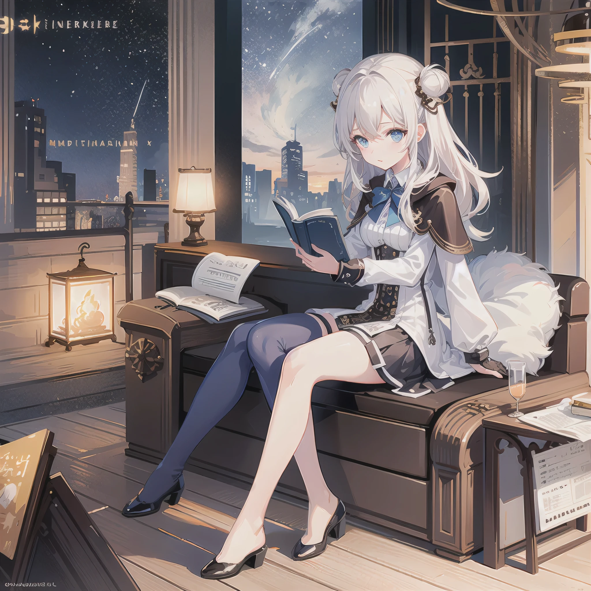 Highest quality, Ultra-high resolution, One girl, cute, Blue Eyes, highlight, Steampunk background, Natural body pose, Professional Photographer, library、Reading a book