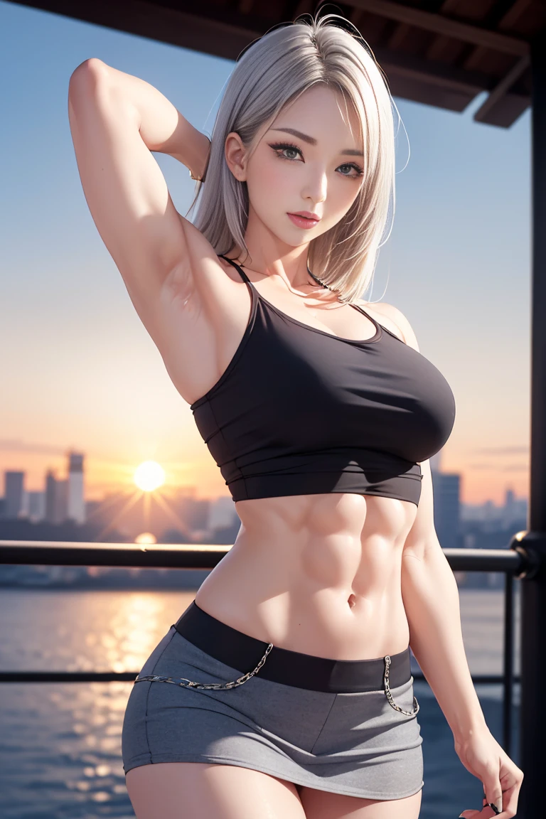 (1 Female Bodybuilder:1.37), masterpiece, Highest quality, figure, Very detailed, In detail, High resolution, 8k wallpaper, Perfect dynamic composition, Beautiful attention to detail, Natural Lip, (((Wearing a punk T-shirt:1.37, Checked skirt:1.3))), Medium chest:1.25, Looks great:1.3, White skin, 青White skin, Oily skin:1.3, Glowing Skin, White, Gray Hair, Silver Hair, Hairstyles with side undercuts, Clean your armpits, Cityscape, sunset,