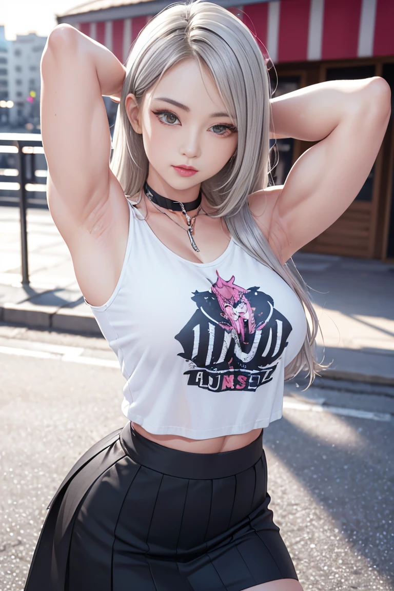 (1 Female Bodybuilder:1.37), masterpiece, Highest quality, figure, Very detailed, In detail, High resolution, 8k wallpaper, Perfect dynamic composition, Beautiful attention to detail, Natural Lip, (((Wearing a punk T-shirt:1.37, Checked skirt:1.3))), Medium chest:1.25, Looks great:1.3, White skin, 青White skin, Oily skin:1.3, Glowing Skin, White, Gray Hair, Silver Hair, Hairstyles with side undercuts, Clean your armpits, Cityscape, sunset,