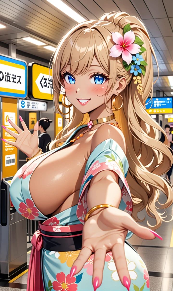 ultra-detailed, ((one girl)), (tan skin:1.4), in pastel colors gyaru, (heavy makeup), (professional lighting) hyper detailed, absurdres, 8k, Beautiful Face, (Laugh shyly), ((teasing smile:1.6)), ((happy smile:1.5)),  ((Wink:1.6)), (Laugh with your mouth wide open),((Tilt your face:1.6)), View your viewers, ((Bright red cheeks:1.6)),Glossy shocking pink lips, ((huge breasts:1.6)),  ((undressing)), noon, summer, Station ticket gates, Anime style background)),masterpiece, Highest quality, (Brighten your face), so beautiful,Latest, Complex details, ((fluorescent pink long nail:1.3)), (ring),(bracelet), (Floral Choker),AI-generated, Complex,High resolution, Highest quality, super high quality,3D Images、3D Images,One person, ((honey blond long hair), (High Ponytail), (wavy hair:1.4), Anime woman posing for a photo, ((Fine grain、blue eyes、glowing eyes:1.4)), (Squint your eyes:1.1),a hyperRealistic , hyperRealistic , Realistic,Anime woman with long honey blonde hair, Smooth anime CG art, A girl in a gorgeous pastel-colored kimono, ((Pastel-colored furisode)),(Pink large floral pattern), (sideboob),  Long flower hair ornament,large gold hoop earrings, Mature Body, tall,Narrow waist, from behind, (upper body),  ((Reaching out to your audience:1.2)),