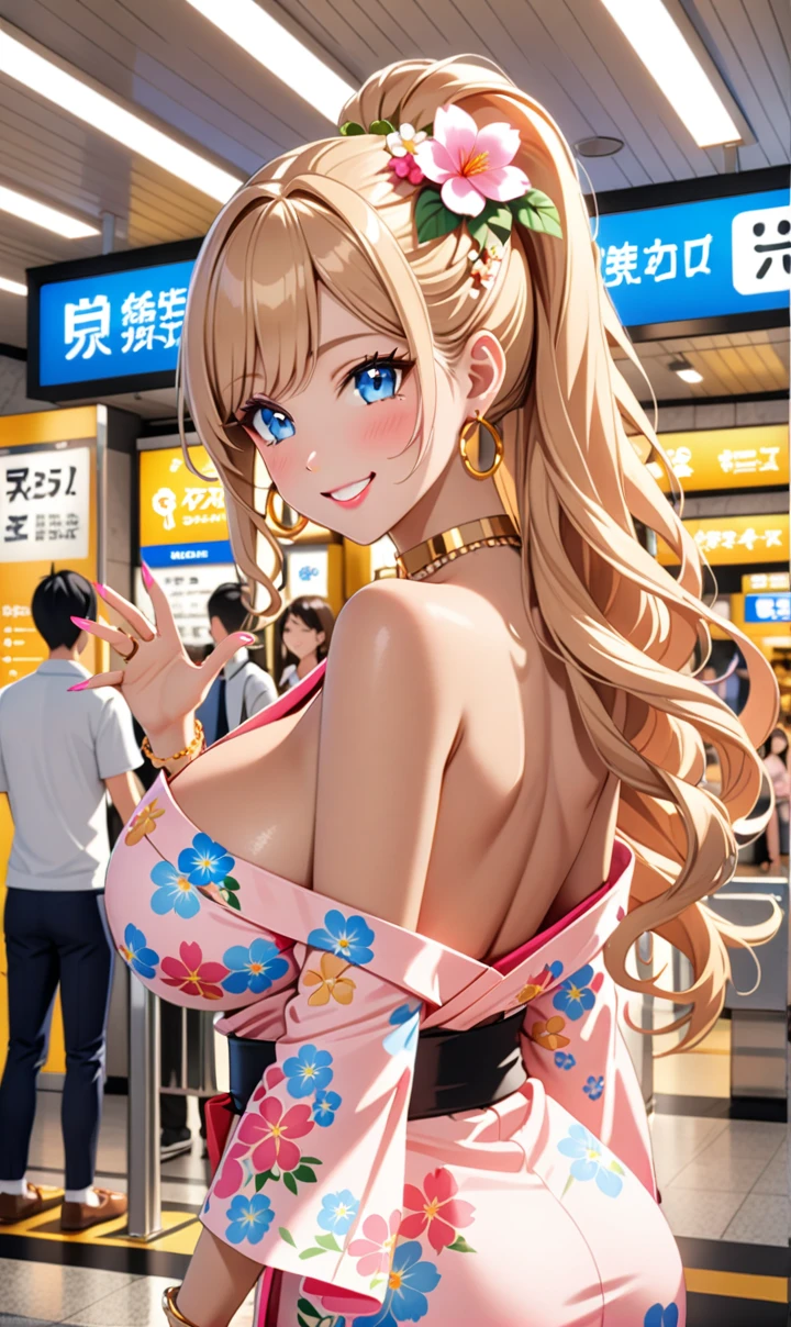 ultra-detailed, ((one girl)), (tan skin:1.4), in pastel colors gyaru, (heavy makeup), (professional lighting) hyper detailed, absurdres, 8k, Beautiful Face, (Laugh shyly), ((teasing smile:1.6)), ((happy smile:1.5)),  ((Wink:1.6)), (Laugh with your mouth wide open),((Tilt your face:1.6)), View your viewers, ((Bright red cheeks:1.6)),Glossy shocking pink lips, ((huge breasts:1.6)),  ((undressing)), noon, summer, Station ticket gates, Anime style background)),masterpiece, Highest quality, (Brighten your face), so beautiful,Latest, Complex details, ((fluorescent pink long nail:1.3)), (ring),(bracelet), (Floral Choker),AI-generated, Complex,High resolution, Highest quality, super high quality,3D Images、3D Images,One person, ((honey blond long hair), (High Ponytail), (wavy hair:1.4), Anime woman posing for a photo, ((Fine grain、blue eyes、glowing eyes:1.4)), (Squint your eyes:1.1),a hyperRealistic , hyperRealistic , Realistic,Anime woman with long honey blonde hair, Smooth anime CG art, A girl in a gorgeous pastel-colored kimono, ((Pastel-colored furisode)),(Pink large floral pattern), (sideboob),  Long flower hair ornament,large gold hoop earrings, Mature Body, tall,Narrow waist, from behind, (upper body),  ((Reaching out to your audience:1.2)),