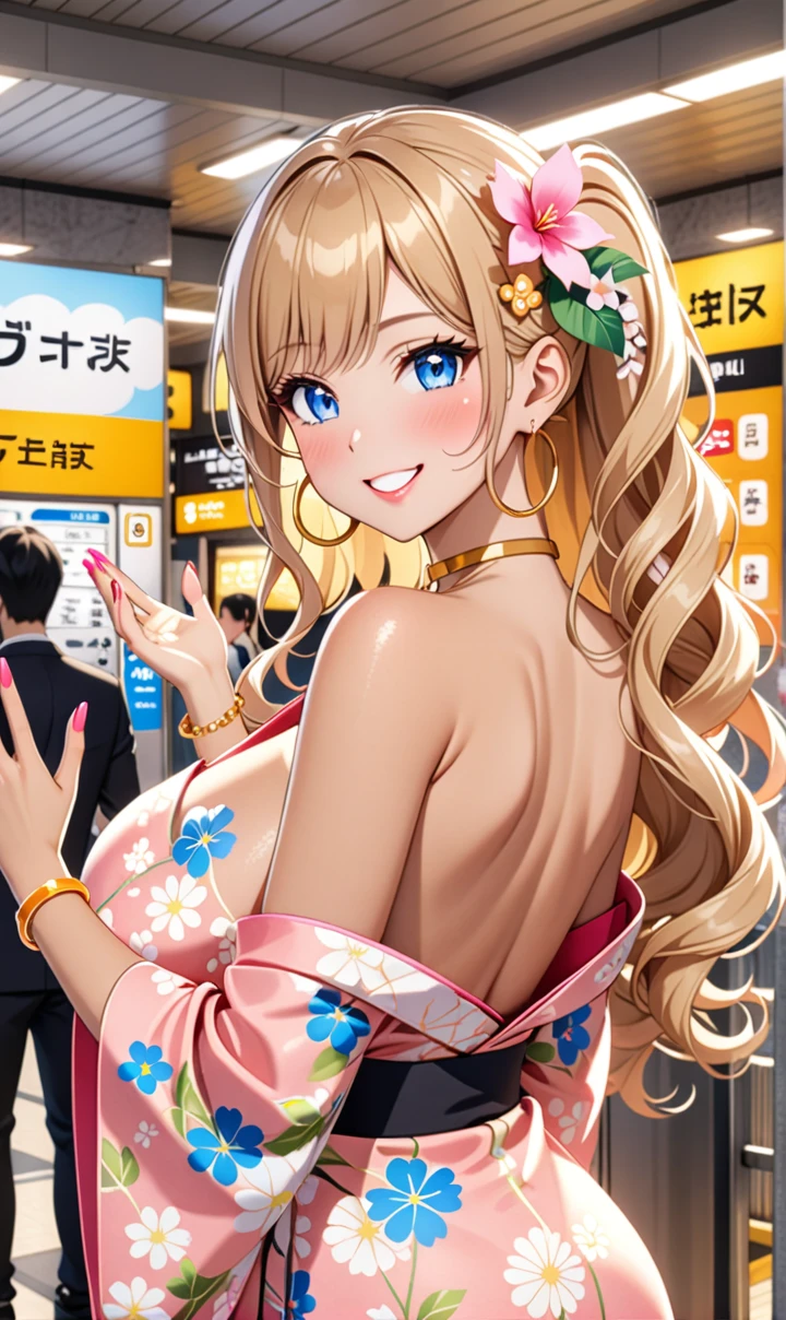 ultra-detailed, ((one girl)), (tan skin:1.4), in pastel colors gyaru, (heavy makeup), (professional lighting) hyper detailed, absurdres, 8k, Beautiful Face, (Laugh shyly), ((teasing smile:1.6)), ((happy smile:1.5)),  ((Wink:1.6)), (Laugh with your mouth wide open),((Tilt your face:1.6)), View your viewers, ((Bright red cheeks:1.6)),Glossy shocking pink lips, ((huge breasts:1.6)),  ((undressing)), noon, summer, Station ticket gates, Anime style background)),masterpiece, Highest quality, (Brighten your face), so beautiful,Latest, Complex details, ((fluorescent pink long nail:1.3)), (ring),(bracelet), (Floral Choker),AI-generated, Complex,High resolution, Highest quality, super high quality,3D Images、3D Images,One person, ((honey blond long hair), (High Ponytail), (wavy hair:1.4), Anime woman posing for a photo, ((Fine grain、blue eyes、glowing eyes:1.4)), (Squint your eyes:1.1),a hyperRealistic , hyperRealistic , Realistic,Anime woman with long honey blonde hair, Smooth anime CG art, A girl in a gorgeous pastel-colored kimono, ((Pastel-colored furisode)),(Pink large floral pattern), (sideboob),  Long flower hair ornament,large gold hoop earrings, Mature Body, tall,Narrow waist, from behind, (upper body),  ((Reaching out to your audience:1.2)),