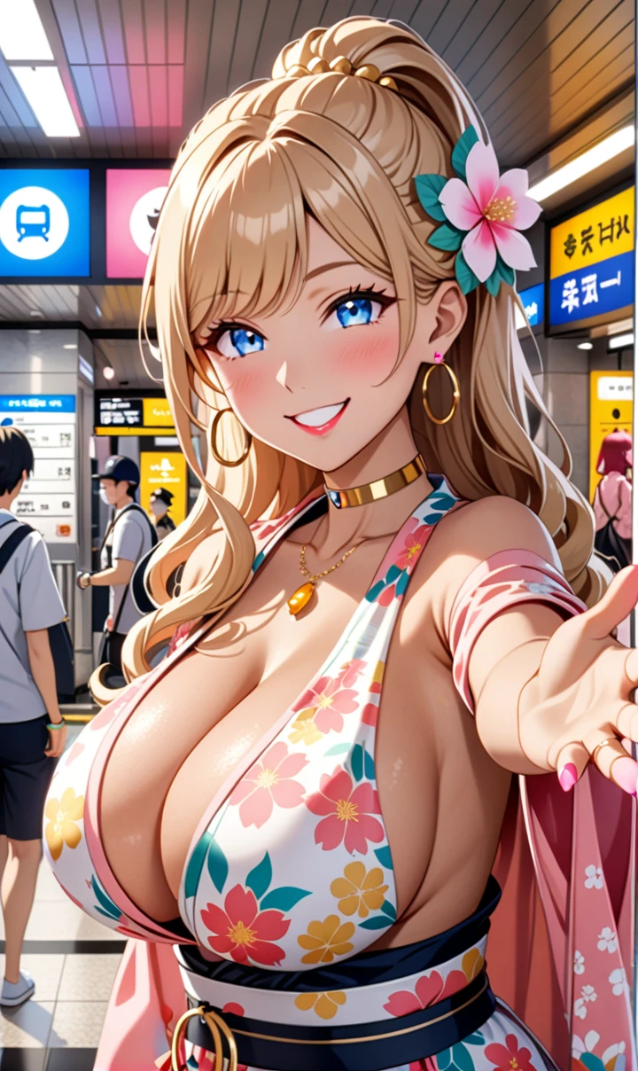 ultra-detailed, ((one girl)), (tan skin:1.4), in pastel colors gyaru, (heavy makeup), (professional lighting) hyper detailed, absurdres, 8k, Beautiful Face, (Laugh shyly), ((teasing smile:1.6)), ((happy smile:1.5)),  ((Wink:1.6)), (Laugh with your mouth wide open),((Tilt your face:1.6)), View your viewers, ((Bright red cheeks:1.6)),Glossy shocking pink lips, ((huge breasts:1.6)),  ((undressing)), noon, summer, Station ticket gates, Anime style background)),masterpiece, Highest quality, (Brighten your face), so beautiful,Latest, Complex details, ((fluorescent pink long nail:1.3)), (ring),(bracelet), (Floral Choker),AI-generated, Complex,High resolution, Highest quality, super high quality,3D Images、3D Images,One person, ((honey blond long hair), (High Ponytail), (wavy hair:1.4), Anime woman posing for a photo, ((Fine grain、blue eyes、glowing eyes:1.4)), (Squint your eyes:1.1),a hyperRealistic , hyperRealistic , Realistic,Anime woman with long honey blonde hair, Smooth anime CG art, A girl in a gorgeous pastel-colored kimono, ((Pastel-colored furisode)),(Pink large floral pattern), (sideboob),  Long flower hair ornament,large gold hoop earrings, Mature Body, tall,Narrow waist, from behind, (upper body),  ((Reaching out to your audience:1.2)),