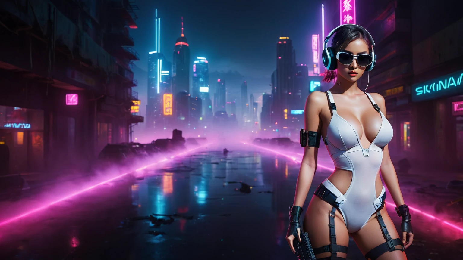 dark futuristic landscape, at night, neon lights, Atmospheric fog, large buildings in the background, futuristic city, streets with open shops, skyscraper (postapocalyptic city:1.3). (((1girl, solo, alone))), large-breast:1.2 slim body, cleavage:1.1, sexy miniskirt, (((headphone, black sunglasses, standing and holding pistol pose))), (((half-body thigh level medium shot))), cinematic lighting, lens flare, ray tracing.