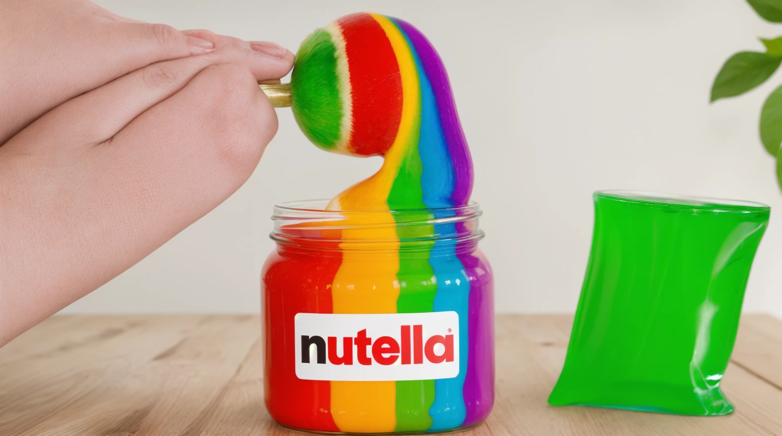 on a wooden table, there&#39;s a jar with rainbow cream inside, chupachups on a stick red white and green, Chupa Chups dipped in rainbow cream, rainbow cream stretches from a jar,  There is a cellophane package for green chips on the table., beautiful lighting, Beautiful sunlight, Realistic style , realistic texture, detailed texture, a high resolution, high quality, ultra hd 4k 