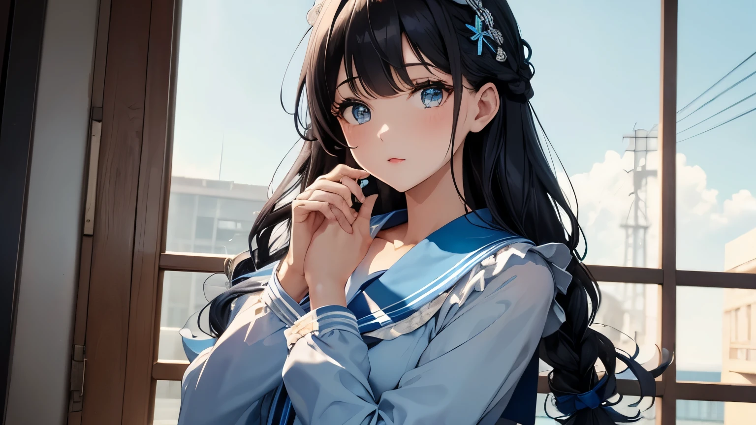 A beautiful woman wearing a light blue sailor suit with lots of frills and lace Long sleeve Black hair braid with hair ornament Upper Body lipstick