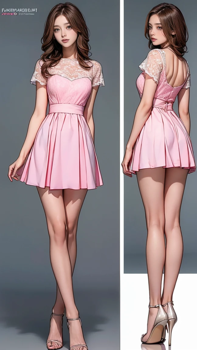 ((masterpiece)),(((Highest quality))),((((Character design sheet)))),Thin thighs,Long legs,Highest quality,masterpiece,Ultra-high resolution,(Actual:1.4),Original photo,Ultra-high resolution,8k,There are women,Fair skin,Big wave diamond White and pink collaboration dress:1.5,High heels,Long legs:1.5,Bright and beautiful,high waist,Flashy makeup using red eyeshadow,