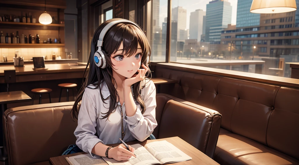 Girl with headphones enjoying music in a cafe I am studying Emphasize a little bit of the chest