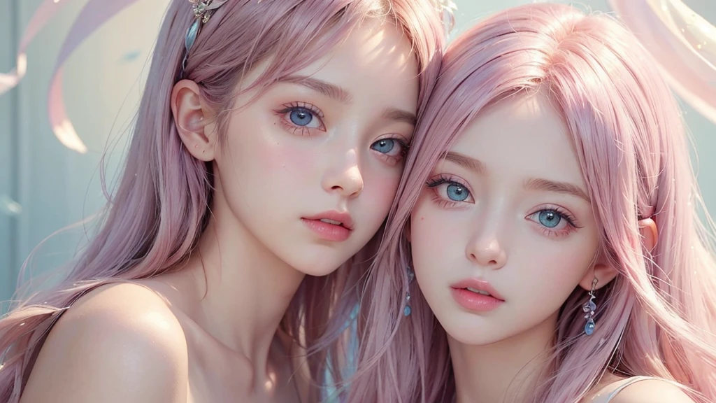 ((masterpiece)). This work is dreamy and fantastical., Soft pink watercolor shades. Generates delicate magical women exploring the bubble gum world in a variety of pastel colors. Her sweet face is extremely detailed and realistic with elegant, Mature features, Puffy, Big lips and stunning, Extremely realistic eyes. Her eyes are important、Be realistic, Very detailed, And it's beautiful. High resolution and detail, Include many details like stars, Milky Way, Colorful bubbles, Colorful petals, And a lot of energy and emotion! Stars and colorful bubblegum bubbles are important! Include fantasy details, Enhanced Details, iris, Colorful sparkling wind, And pollen. Pay special attention to her face、Make sure it's beautiful and realistic in detail。. The image is dreamy、It has to be fantastical..8k, Complex, elegant, Very detailed, Majestic, Digital photography